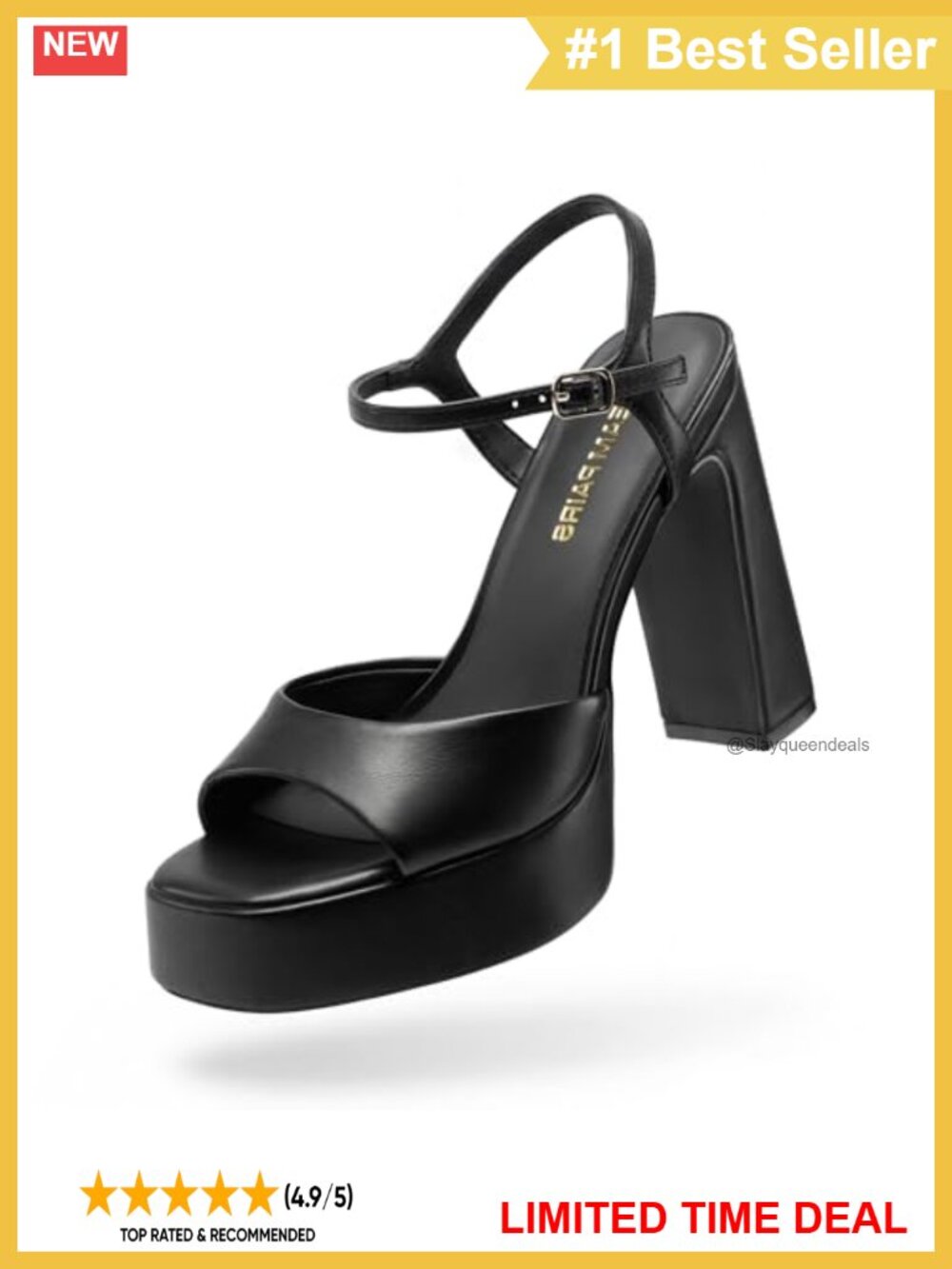 Platform Block Heel Square Toe Ankle Strap Heeled Sandals Faux Leather